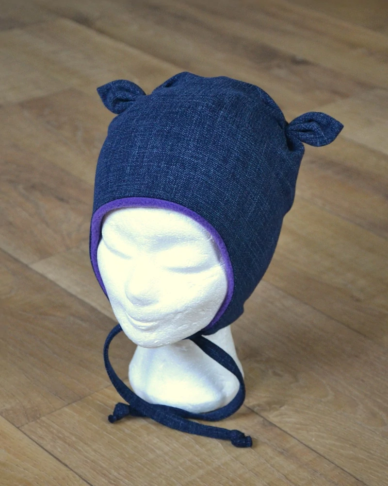 Zimní čepice na zavazování s oušky "Jeans + fialový fleece"