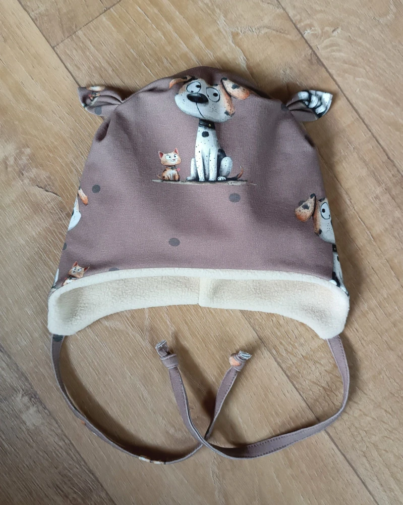 Zimní čepice na zavazování s oušky " Pejsek a kočička + krémový fleece" vel. 45-48/9cm