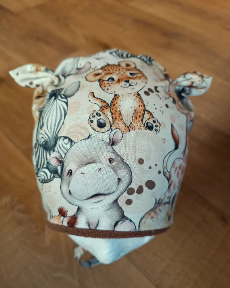 Zimní čepice na zavazování s oušky "Safari + hnědý fleece"
