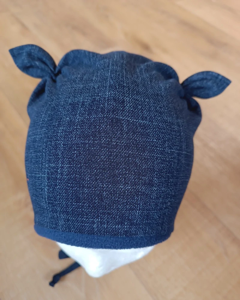 Zimní čepice na zavazování s oušky "Jeans + tm. modrý fleece"