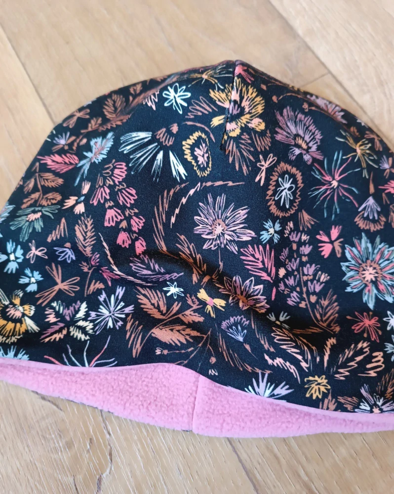 Zimní kulatá čepice "Podzimní kvítí" + pudrový fleece, vel. 53-55cm