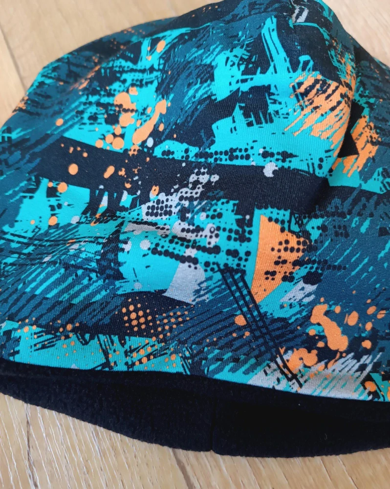 Zimní kulatá čepice "Abstrakt petrolejový" + černý fleece, vel. 53-55cm