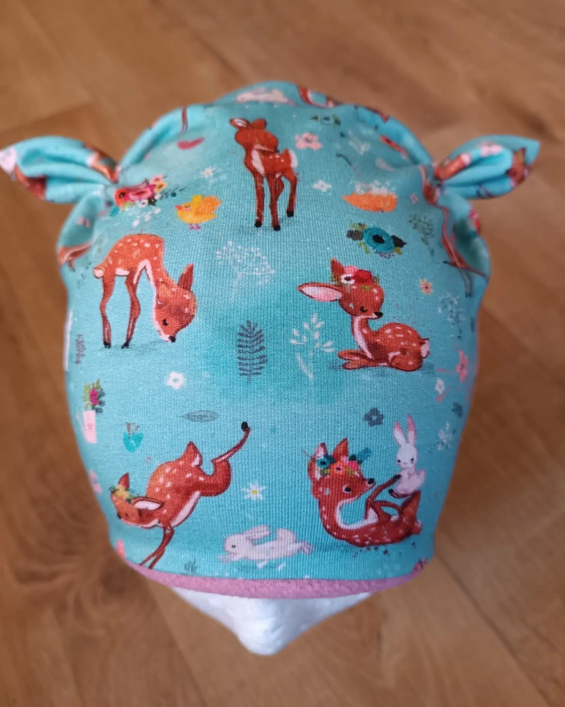 Zimní tvarovaná čepice s oušky "Srnečky + pudrový fleece"