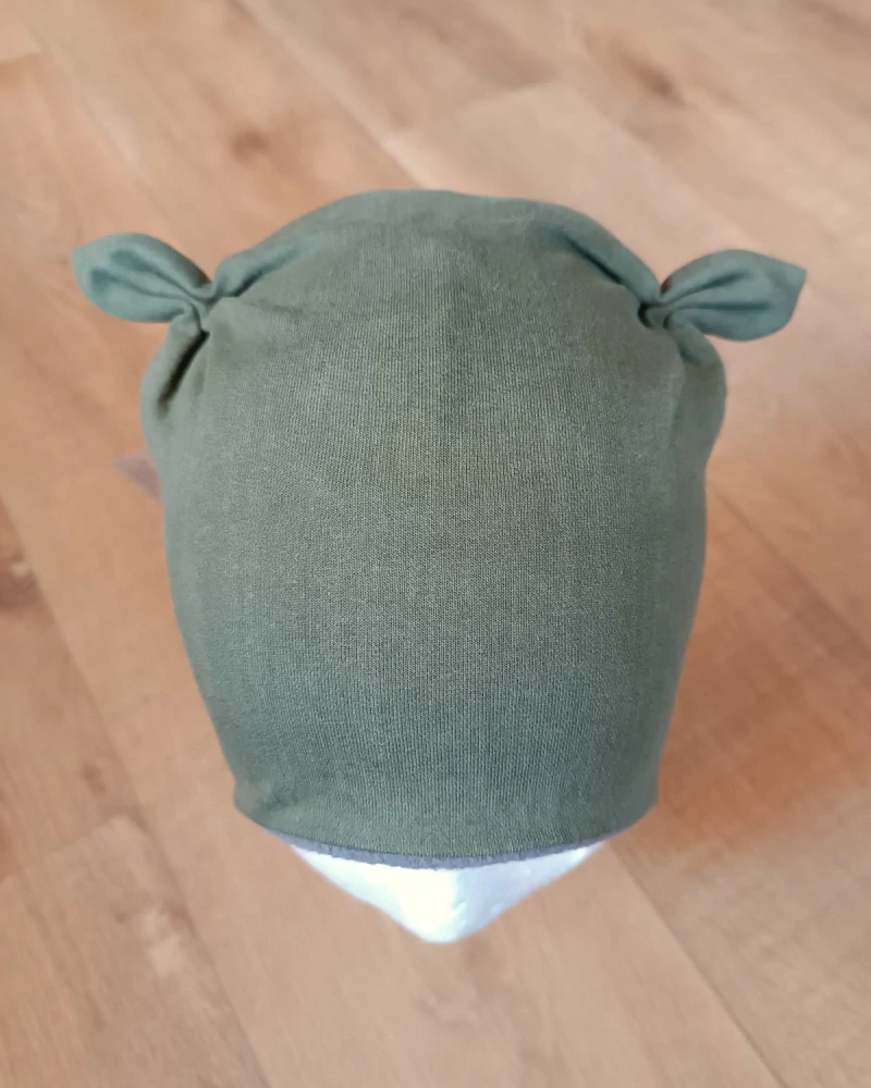 Zimní tvarovaná čepice s oušky "Khaki jeans + tm. šedý fleece"