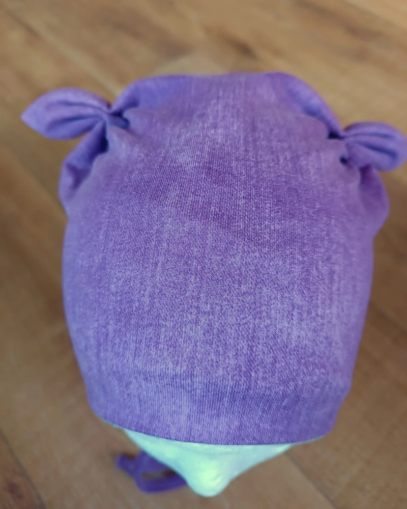 Zimní čepice na zavazování s oušky "Jeans levandulový + šedý fleece"