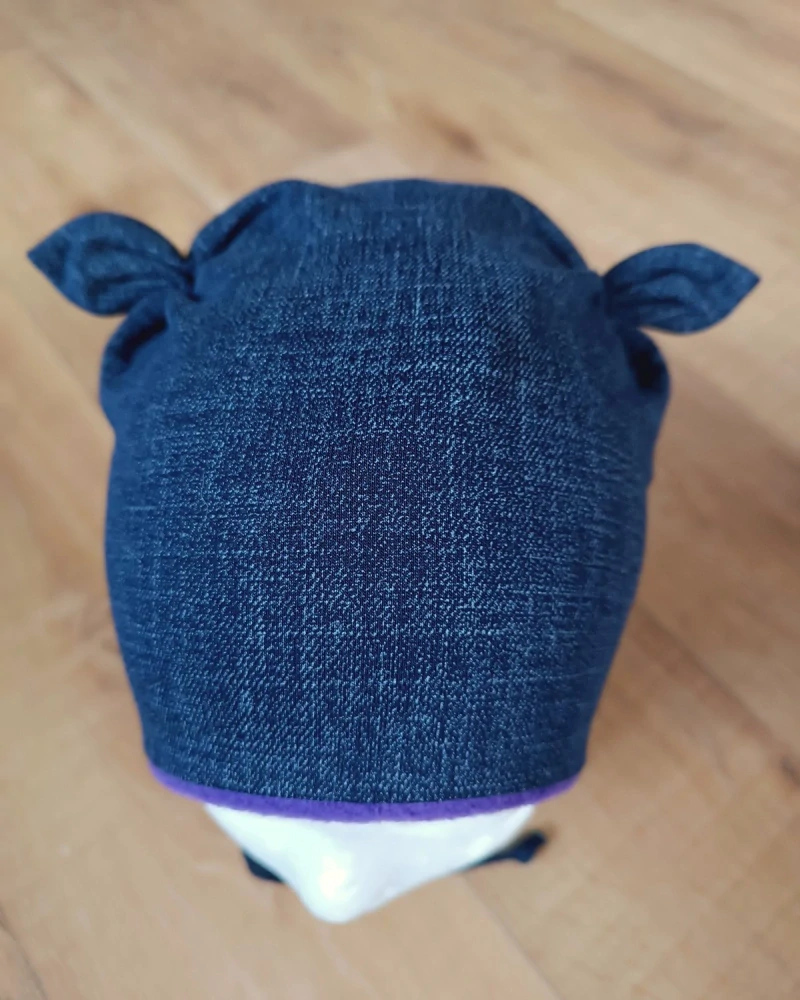 Zimní čepice na zavazování s oušky "Jeans + fialový fleece"
