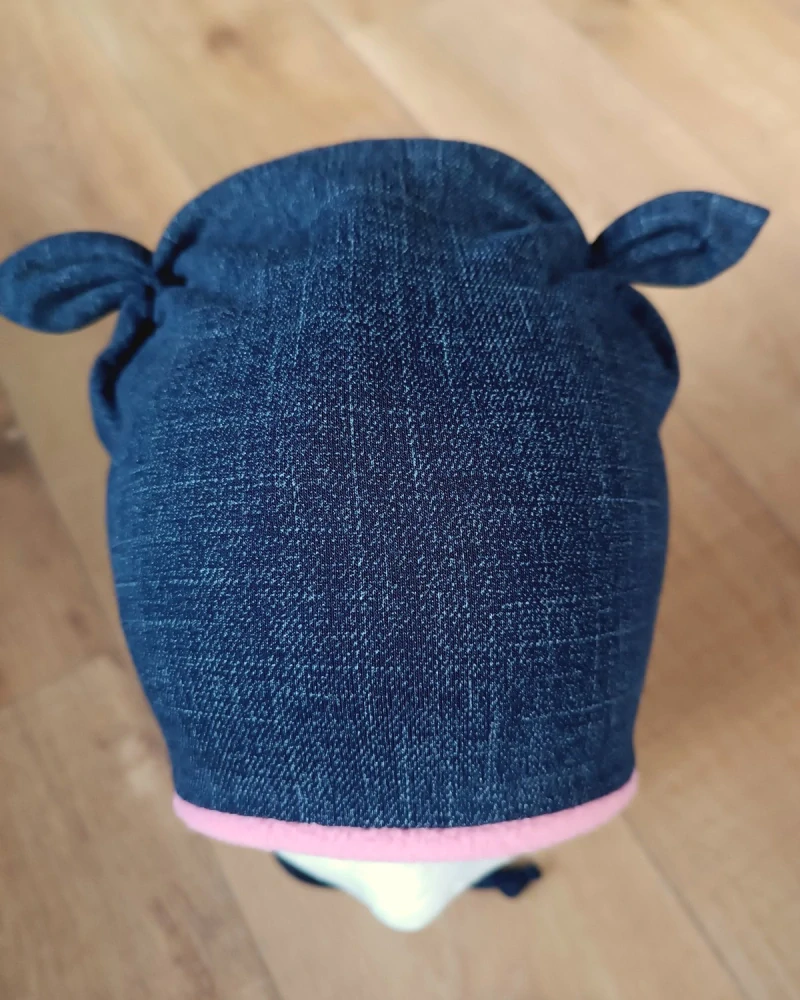 Zimní čepice na zavazování s oušky "Jeans + pudrový fleece"