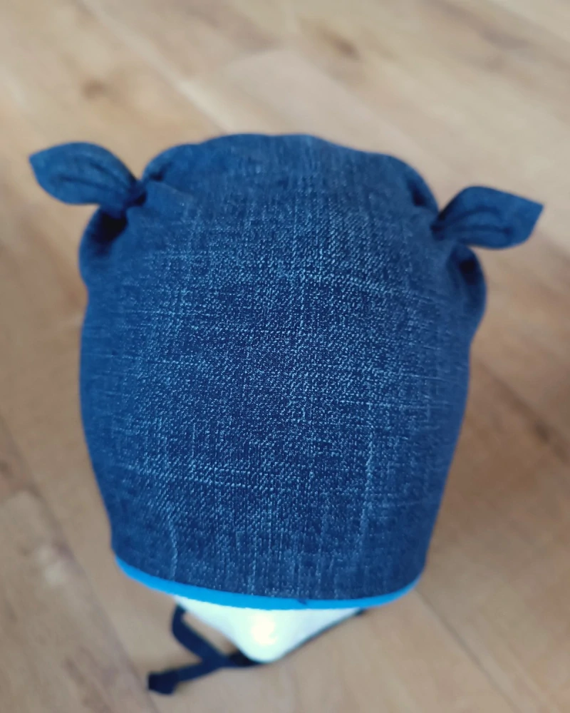 Zimní čepice na zavazování s oušky "Jeans + modrý fleece"