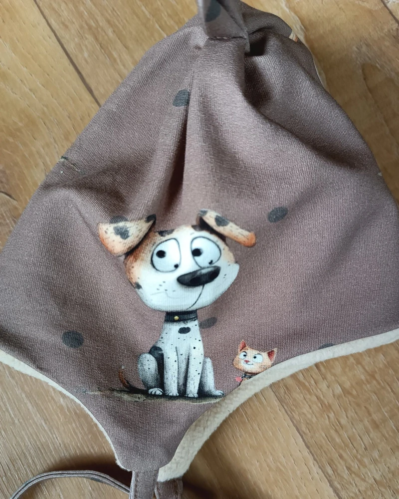 Zimní čepice na zavazování s oušky " Pejsek a kočička + krémový fleece" vel. 45-48/9cm
