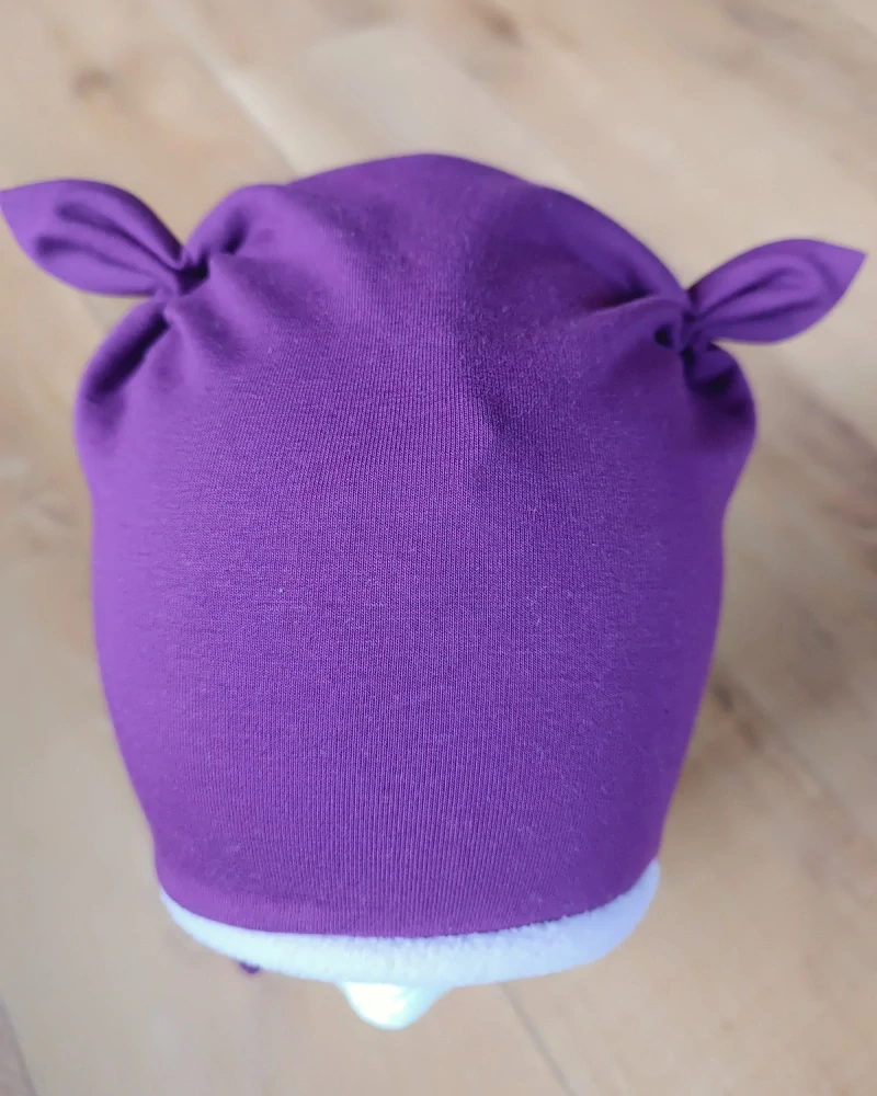 Zimní čepice na zavazování s oušky "Švestková + fialkový fleece"