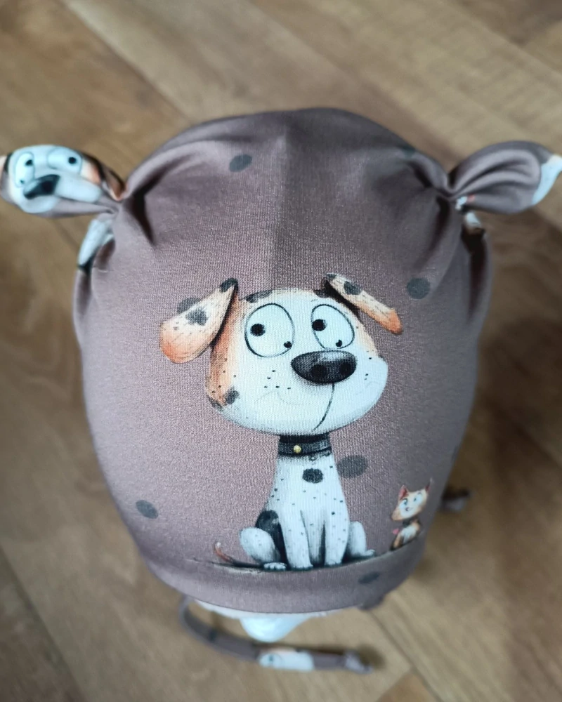 Zimní čepice na zavazování s oušky "Pejsek a kočička + krémový fleece"