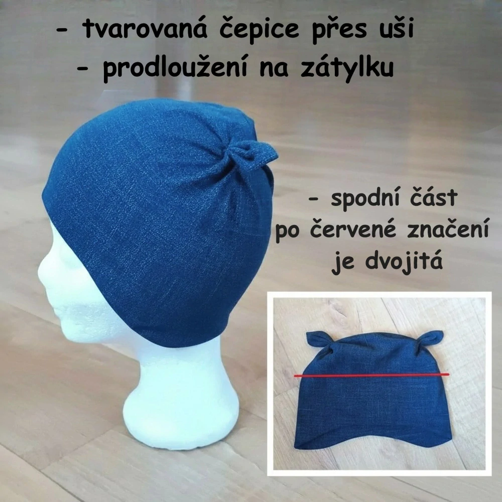 Čepice tvarovaná s oušky "Zlaté puntíky na petrolejové"