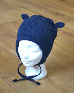 Zimní čepice na zavazování s oušky "Jeans + tm. modrý fleece"