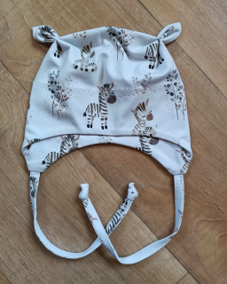 Čepice na zavazování s oušky "Malé zebry" vel. 39-43cm