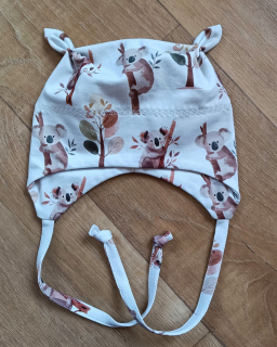 Čepice na zavazování s oušky "Koaly na větvi" vel. 39-43cm
