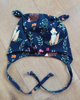 Čepice na zavazování s oušky "Liška na louce" vel. 43-47cm
