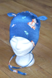 Čepice na zavazování s oušky "Lišky na jeansové" vel. 47-51cm