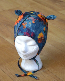Čepice na zavazování s oušky "Sluneční květy" vel. 47-51cm