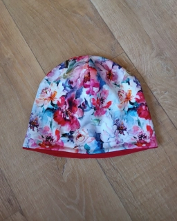 Zimní kulatá čepice "Akvarelové květy" + červený fleece, vel. 53-55cm