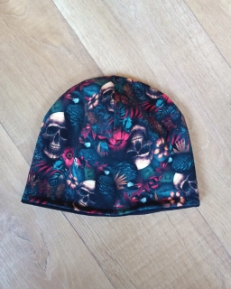 Zimní kulatá čepice "Lebky v kvítí" + černý fleece, vel. 53-55cm