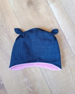 Zimní tvarovaná čepice s oušky "Jeans + pudrový fleece"
