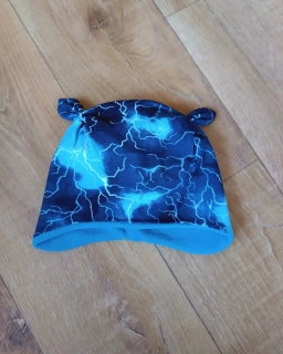 Zimní tvarovaná čepice s oušky "Blesky + modrý fleece"