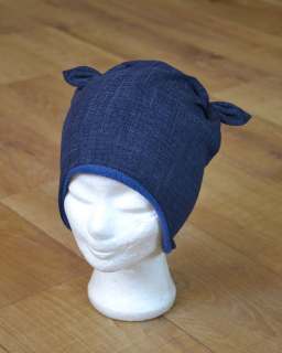 Zimní tvarovaná čepice s oušky "Jeans + tm. modrý fleece"