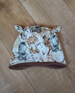 Zimní tvarovaná čepice s oušky "Safari + hnědý fleece"
