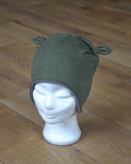 Zimní tvarovaná čepice s oušky "Khaki jeans + tm. šedý fleece"