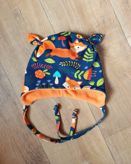 Zimní čepice na zavazování s oušky "Lištička + oranžový fleece"