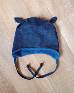 Zimní čepice na zavazování s oušky "Jeans + modrý fleece"