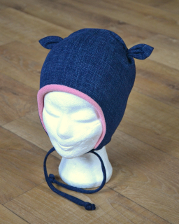 Zimní čepice na zavazování s oušky "Jeans + pudrový fleece"