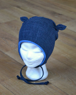 Zimní čepice na zavazování s oušky "Jeans + modrý fleece"